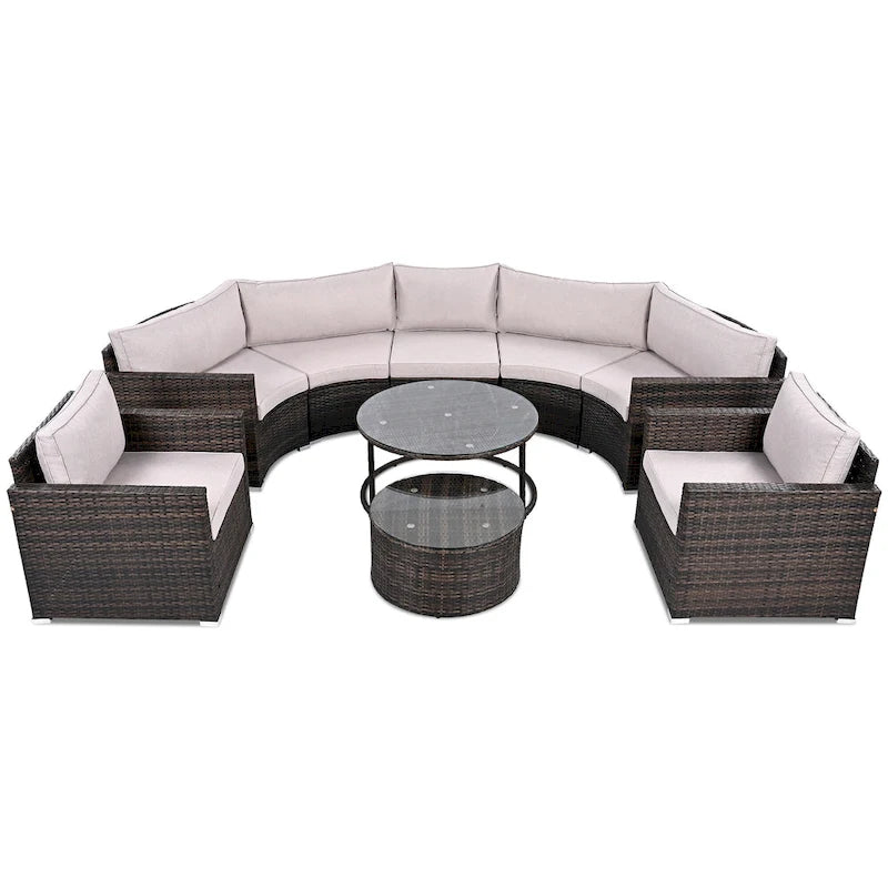 Ensemble de patio demi-lune 9 pièces avec table gigogne et fauteuils