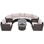 Ensemble de patio demi-lune 9 pièces avec table gigogne et fauteuils
