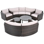 Ensemble de patio demi-lune 9 pièces avec table gigogne et fauteuils