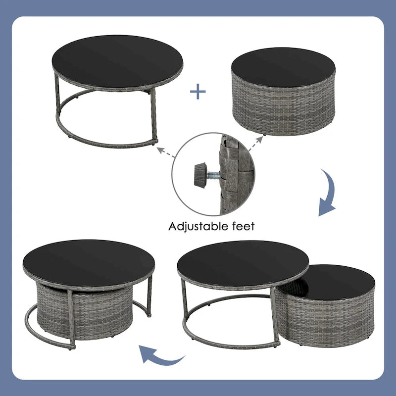 Ensemble de patio demi-lune 9 pièces avec table gigogne et fauteuils