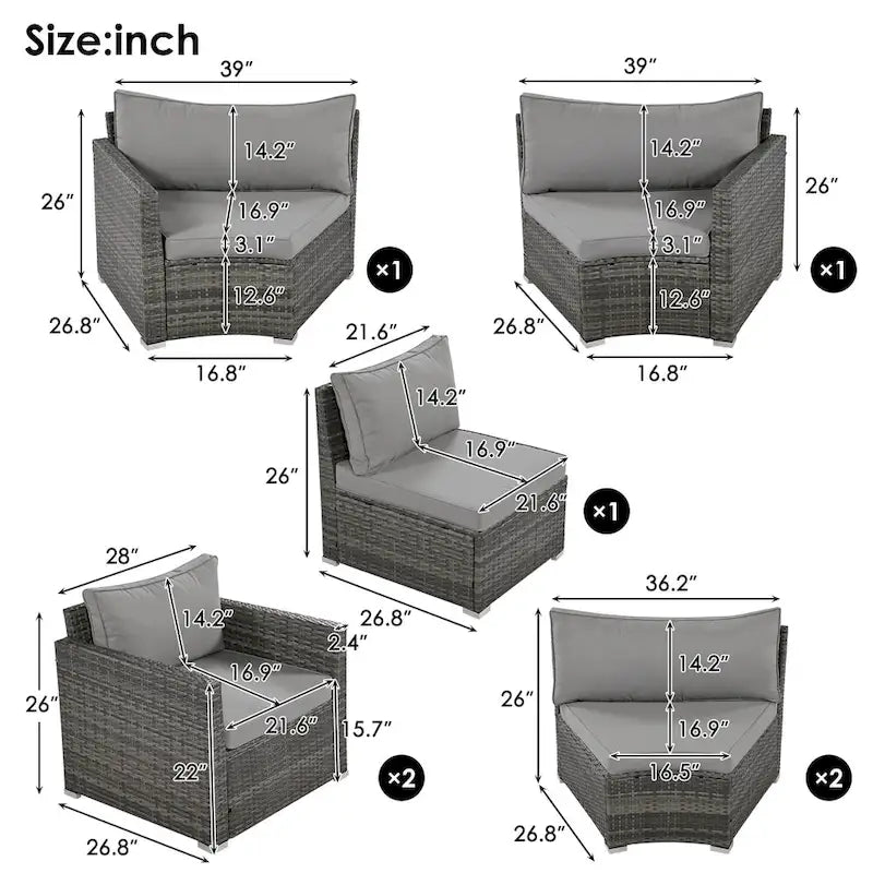 Ensemble de patio demi-lune 9 pièces avec table gigogne et fauteuils