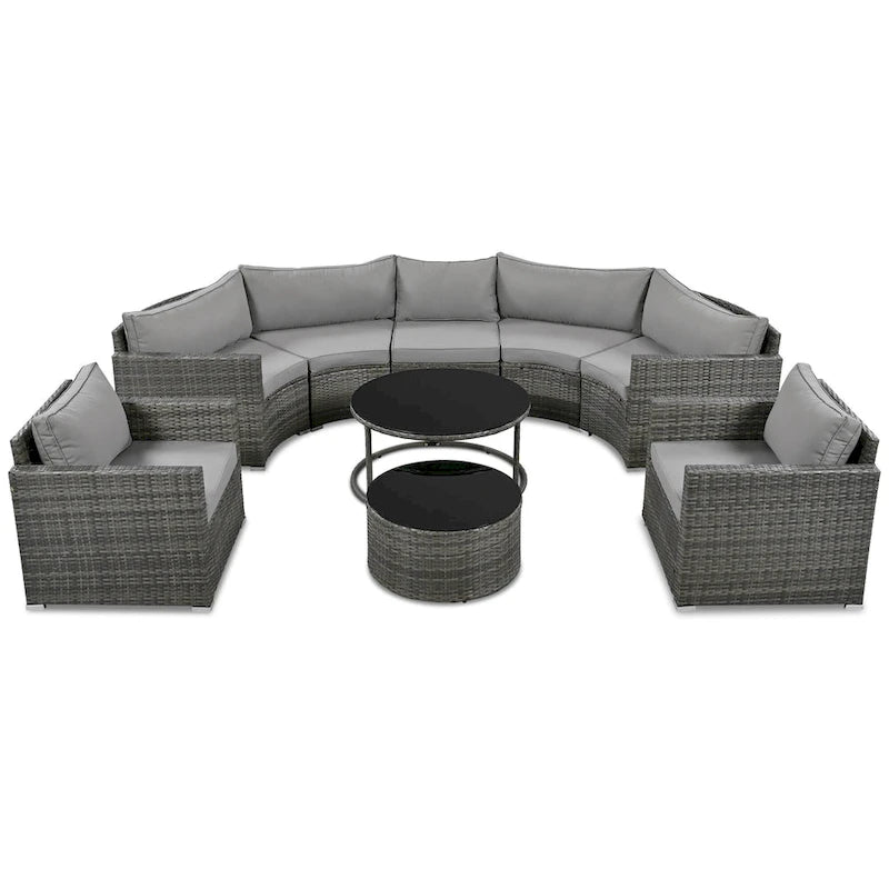 Ensemble de patio demi-lune 9 pièces avec table gigogne et fauteuils