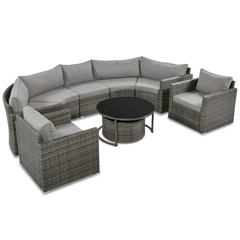 Ensemble de patio demi-lune 9 pièces avec table gigogne et fauteuils