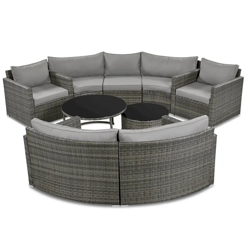 Ensemble de patio demi-lune 9 pièces avec table gigogne et fauteuils