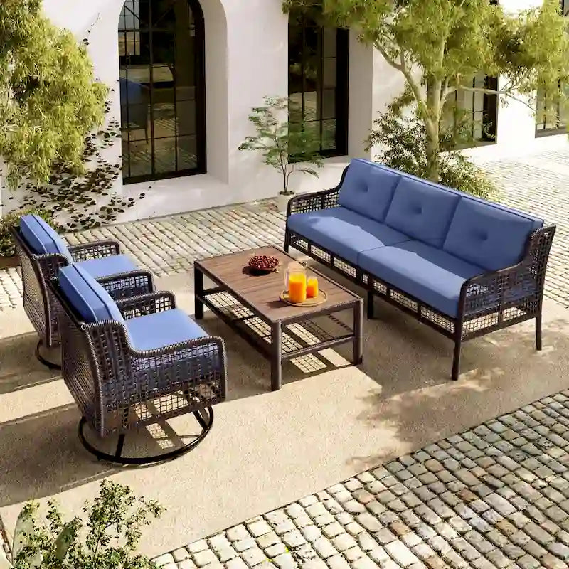 Ensemble de 4 canapés de conversation en rotin avec fauteuils pivotants et table