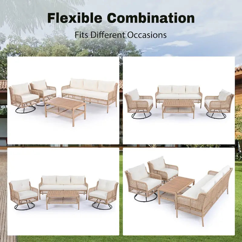 Ensemble de 4 canapés de conversation en rotin avec fauteuils pivotants et table