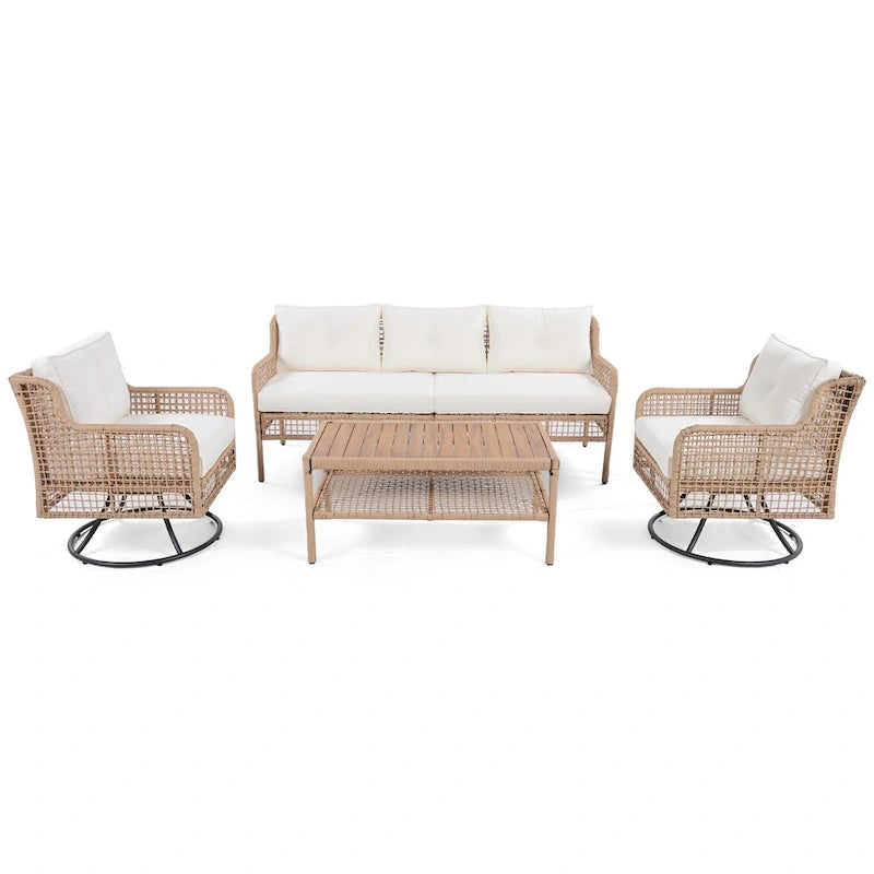 Ensemble de 4 canapés de conversation en rotin avec fauteuils pivotants et table