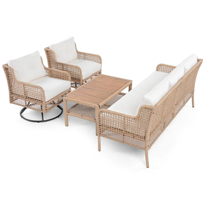 Ensemble de 4 canapés de conversation en rotin avec fauteuils pivotants et table