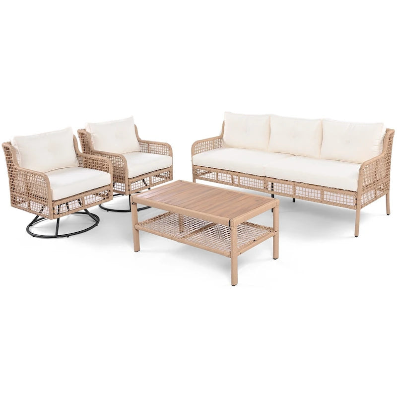 Ensemble de 4 canapés de conversation en rotin avec fauteuils pivotants et table