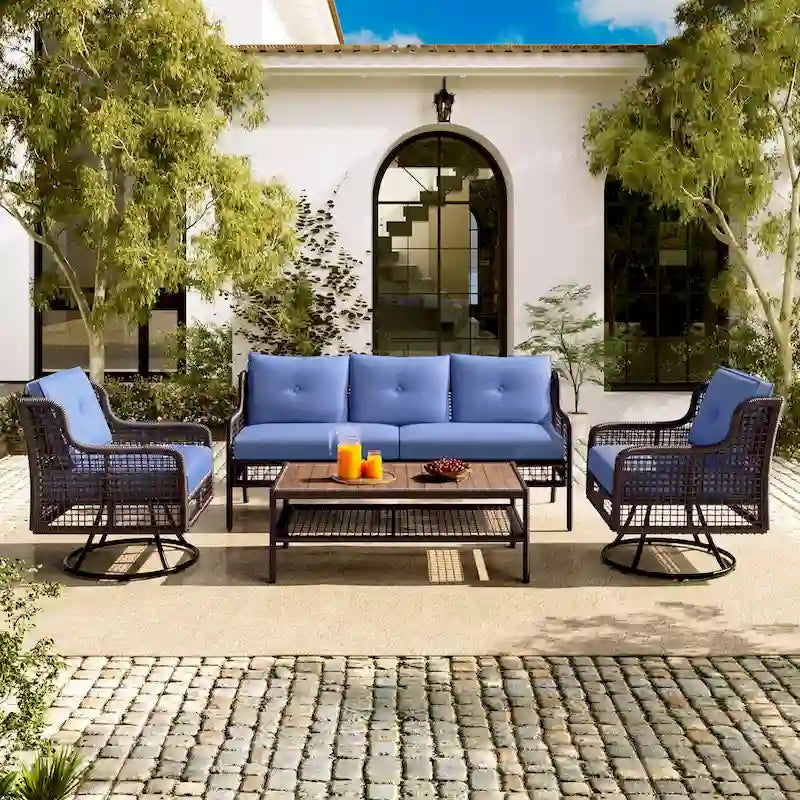 Ensemble de 4 canapés de conversation en rotin avec fauteuils pivotants et table