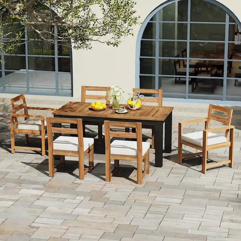 Ensemble de 7 pièces table et chaises de patio, ensemble de table à manger en bois pour 6 avec trou pour parasol, 2 fauteuils et 4 chaises sans accoudoirs