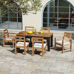 Ensemble de 7 pièces table et chaises de patio, ensemble de table à manger en bois pour 6 avec trou pour parasol, 2 fauteuils et 4 chaises sans accoudoirs