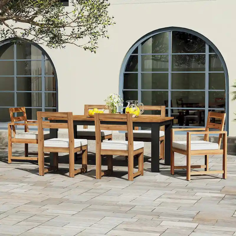 Ensemble de 7 pièces table et chaises de patio, ensemble de table à manger en bois pour 6 avec trou pour parasol, 2 fauteuils et 4 chaises sans accoudoirs