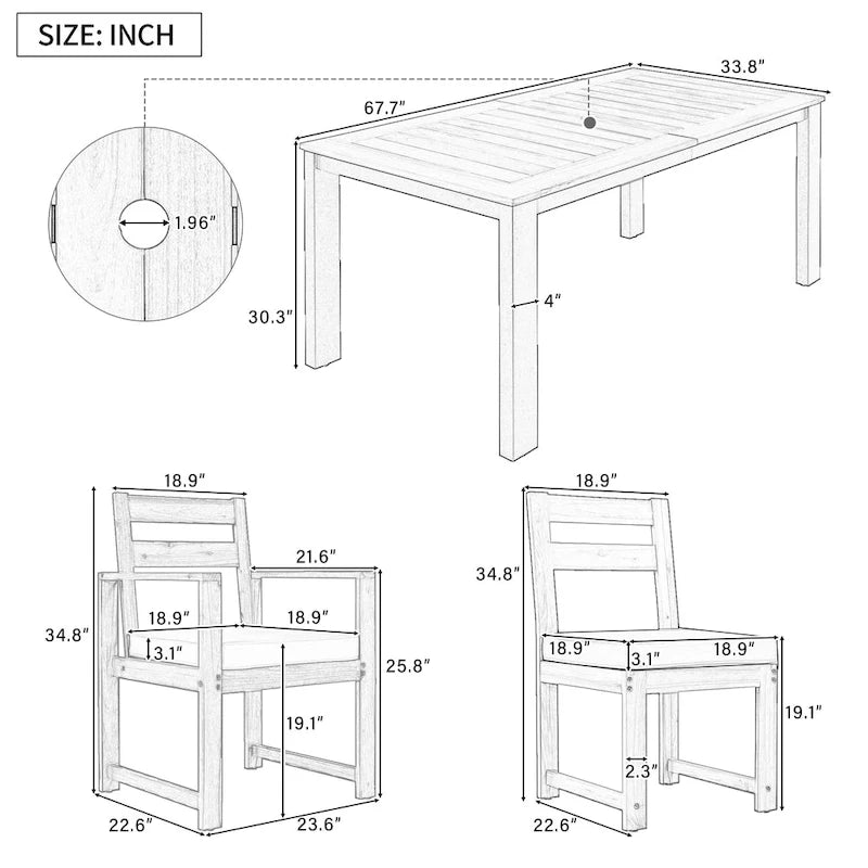 Ensemble de 7 pièces table et chaises de patio, ensemble de table à manger en bois pour 6 avec trou pour parasol, 2 fauteuils et 4 chaises sans accoudoirs