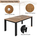 Ensemble de 7 pièces table et chaises de patio, ensemble de table à manger en bois pour 6 avec trou pour parasol, 2 fauteuils et 4 chaises sans accoudoirs