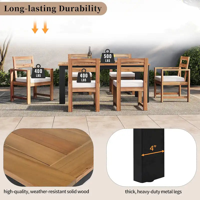 Ensemble de 7 pièces table et chaises de patio, ensemble de table à manger en bois pour 6 avec trou pour parasol, 2 fauteuils et 4 chaises sans accoudoirs