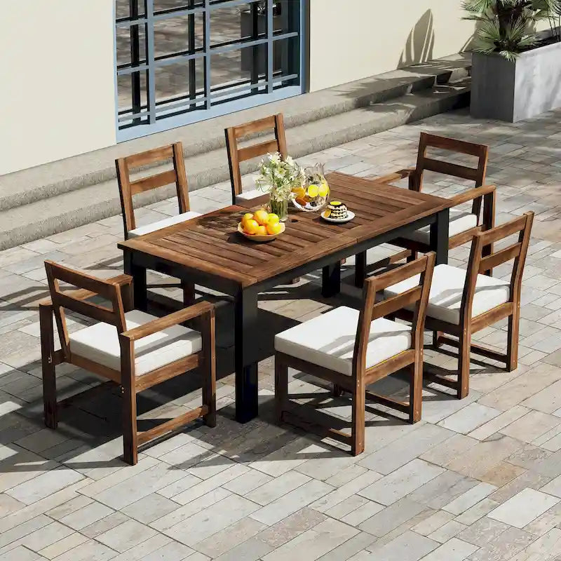 Ensemble de 7 pièces table et chaises de patio, ensemble de table à manger en bois pour 6 avec trou pour parasol, 2 fauteuils et 4 chaises sans accoudoirs