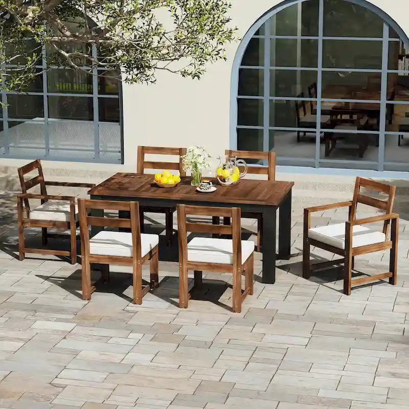 Ensemble de 7 pièces table et chaises de patio, ensemble de table à manger en bois pour 6 avec trou pour parasol, 2 fauteuils et 4 chaises sans accoudoirs