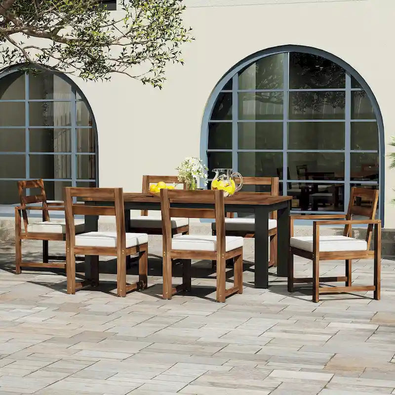 Ensemble de 7 pièces table et chaises de patio, ensemble de table à manger en bois pour 6 avec trou pour parasol, 2 fauteuils et 4 chaises sans accoudoirs