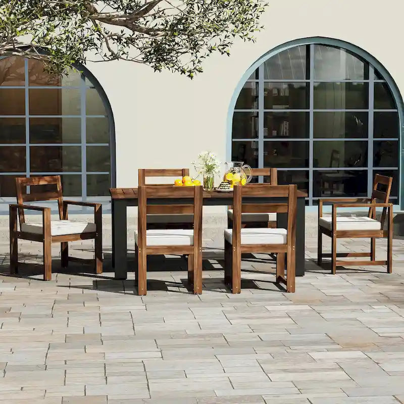 Ensemble de 7 pièces table et chaises de patio, ensemble de table à manger en bois pour 6 avec trou pour parasol, 2 fauteuils et 4 chaises sans accoudoirs
