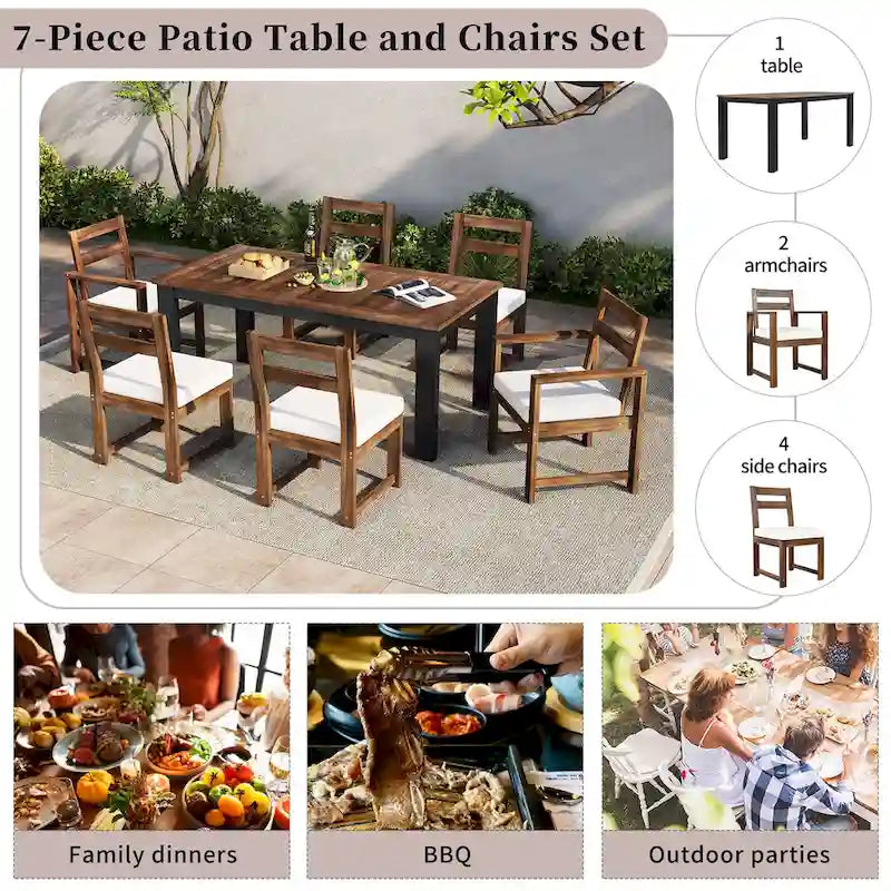 Ensemble de 7 pièces table et chaises de patio, ensemble de table à manger en bois pour 6 avec trou pour parasol, 2 fauteuils et 4 chaises sans accoudoirs