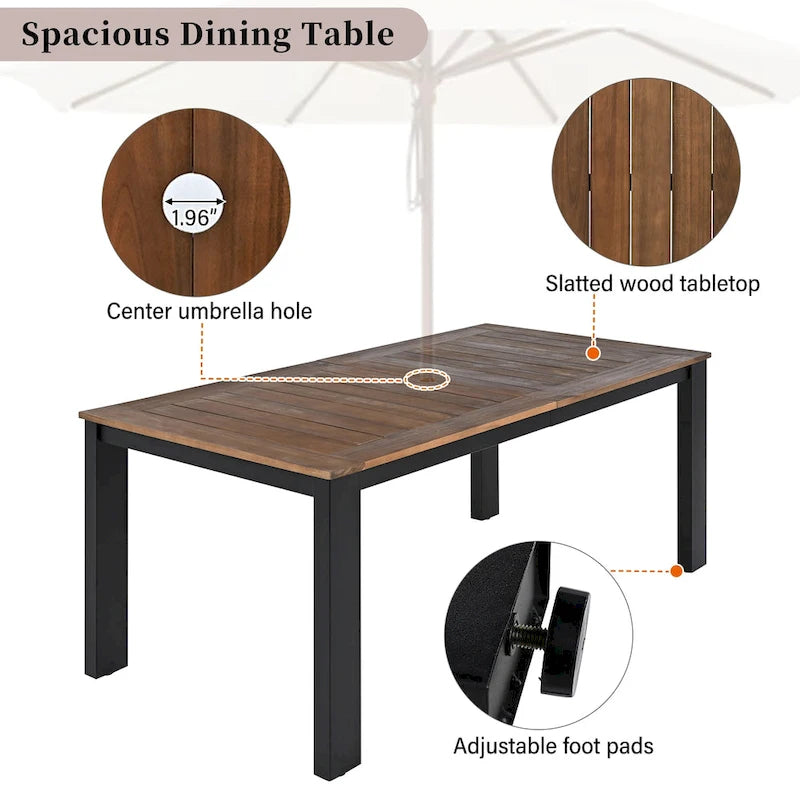 Ensemble de 7 pièces table et chaises de patio, ensemble de table à manger en bois pour 6 avec trou pour parasol, 2 fauteuils et 4 chaises sans accoudoirs