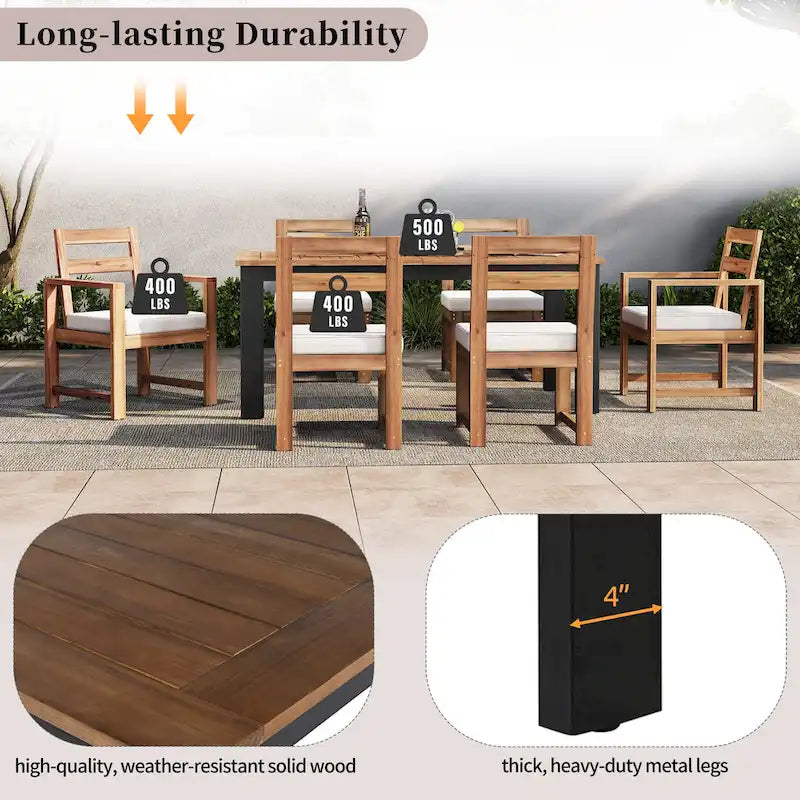 Ensemble de 7 pièces table et chaises de patio, ensemble de table à manger en bois pour 6 avec trou pour parasol, 2 fauteuils et 4 chaises sans accoudoirs