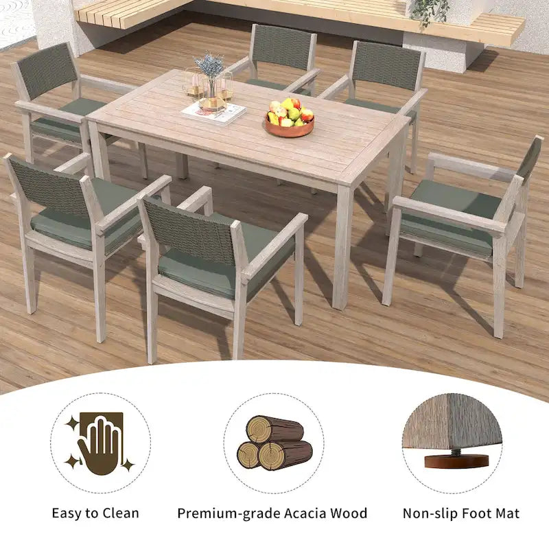 Ensemble de salle à manger d'extérieur 7 pièces en bois d'acacia avec table rectangulaire et 6 chaises à dossier en rotin avec coussins