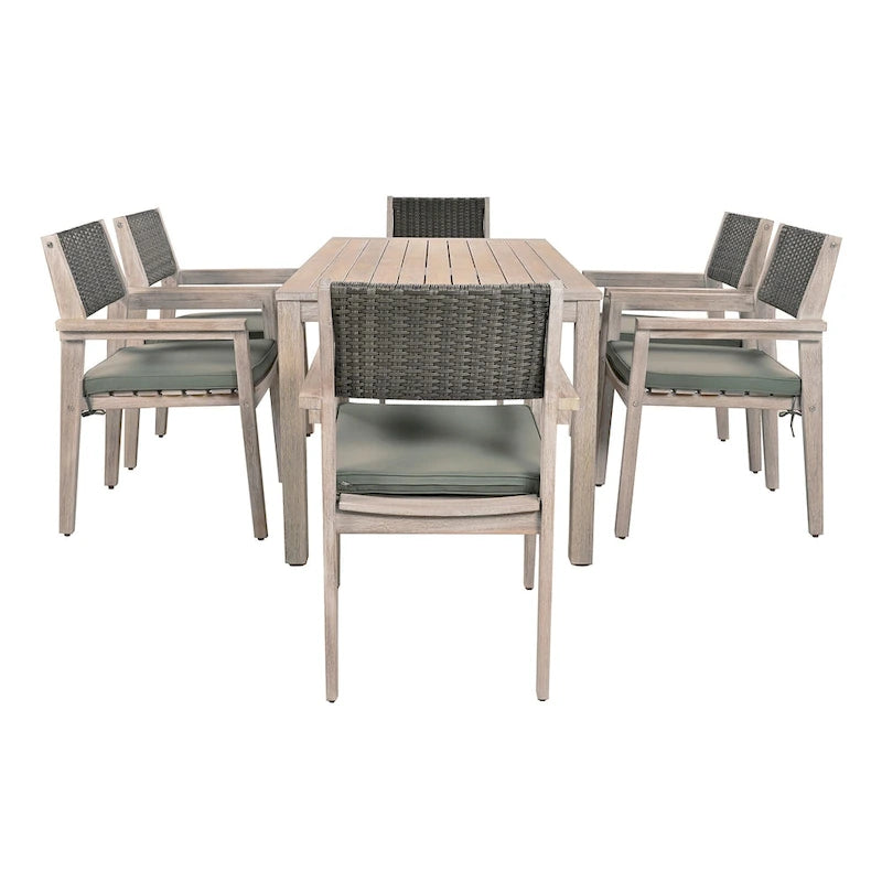 Ensemble de salle à manger d'extérieur 7 pièces en bois d'acacia avec table rectangulaire et 6 chaises à dossier en rotin avec coussins