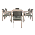Ensemble de salle à manger d'extérieur 7 pièces en bois d'acacia avec table rectangulaire et 6 chaises à dossier en rotin avec coussins