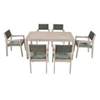 Ensemble de salle à manger d'extérieur 7 pièces en bois d'acacia avec table rectangulaire et 6 chaises à dossier en rotin avec coussins