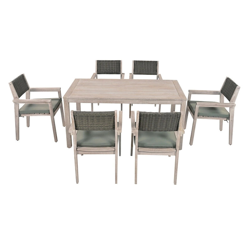 Ensemble de salle à manger d'extérieur 7 pièces en bois d'acacia avec table rectangulaire et 6 chaises à dossier en rotin avec coussins