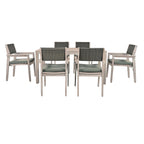 Ensemble de salle à manger d'extérieur 7 pièces en bois d'acacia avec table rectangulaire et 6 chaises à dossier en rotin avec coussins