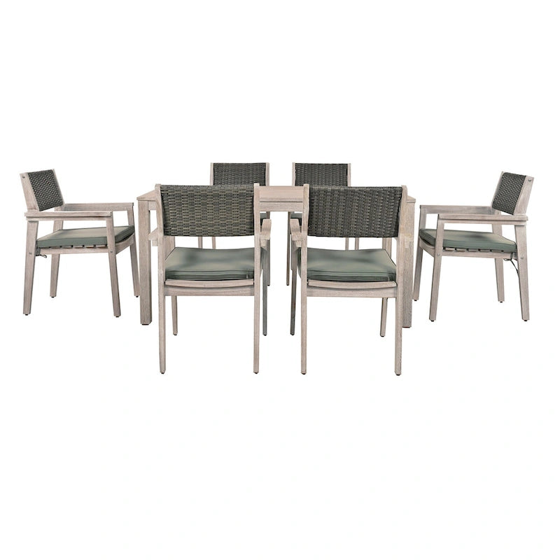 Ensemble de salle à manger d'extérieur 7 pièces en bois d'acacia avec table rectangulaire et 6 chaises à dossier en rotin avec coussins