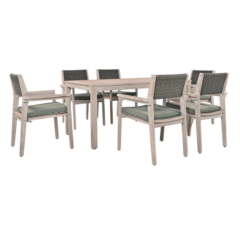 Ensemble de salle à manger d'extérieur 7 pièces en bois d'acacia avec table rectangulaire et 6 chaises à dossier en rotin avec coussins