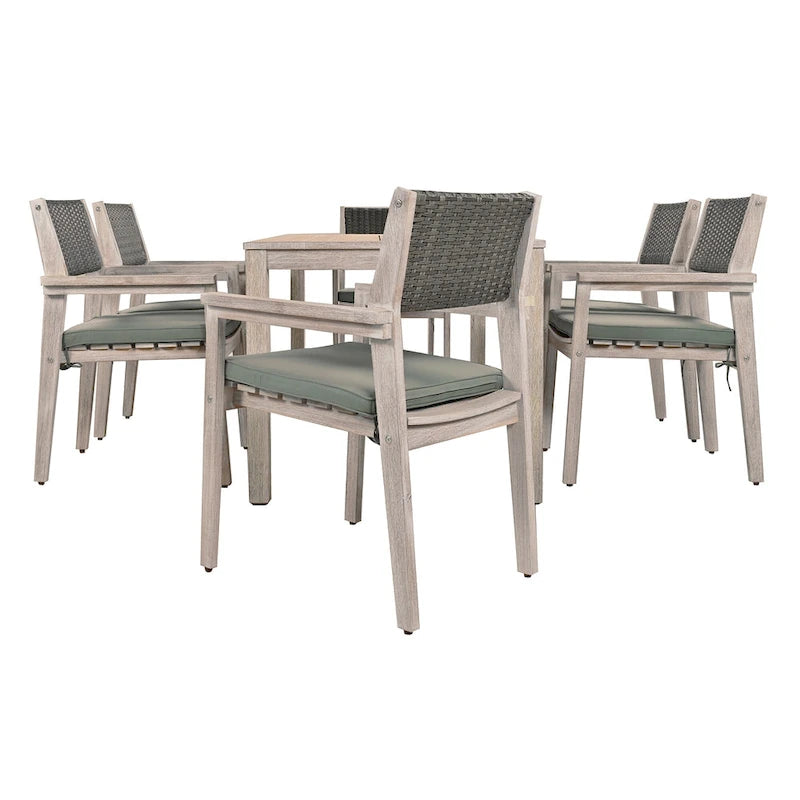 Ensemble de salle à manger d'extérieur 7 pièces en bois d'acacia avec table rectangulaire et 6 chaises à dossier en rotin avec coussins