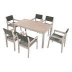 Ensemble de salle à manger d'extérieur 7 pièces en bois d'acacia avec table rectangulaire et 6 chaises à dossier en rotin avec coussins