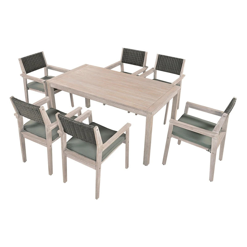 Ensemble de salle à manger d'extérieur 7 pièces en bois d'acacia avec table rectangulaire et 6 chaises à dossier en rotin avec coussins