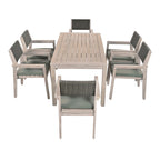 Ensemble de salle à manger d'extérieur 7 pièces en bois d'acacia avec table rectangulaire et 6 chaises à dossier en rotin avec coussins