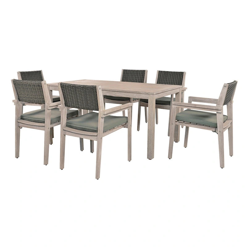 Ensemble de salle à manger d'extérieur 7 pièces en bois d'acacia avec table rectangulaire et 6 chaises à dossier en rotin avec coussins