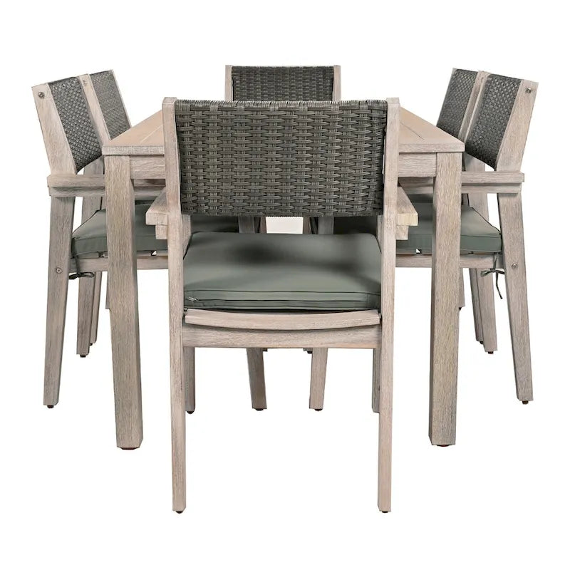 Ensemble de salle à manger d'extérieur 7 pièces en bois d'acacia avec table rectangulaire et 6 chaises à dossier en rotin avec coussins