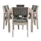 Ensemble de salle à manger d'extérieur 7 pièces en bois d'acacia avec table rectangulaire et 6 chaises à dossier en rotin avec coussins