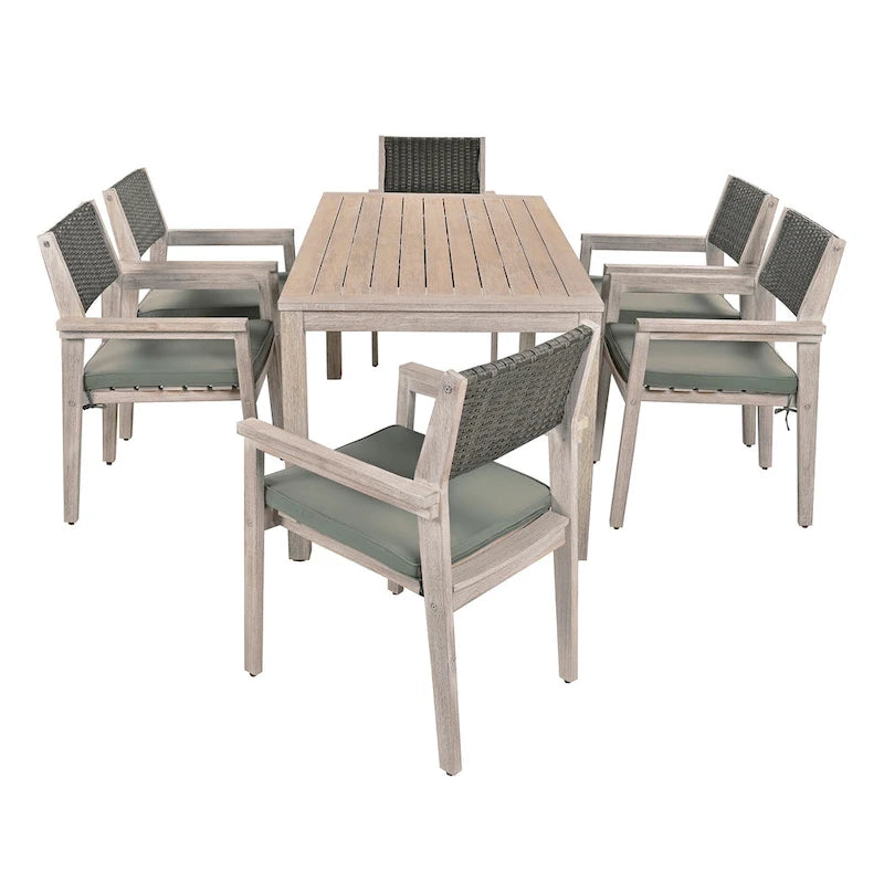 Ensemble de salle à manger d'extérieur 7 pièces en bois d'acacia avec table rectangulaire et 6 chaises à dossier en rotin avec coussins
