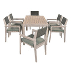 Ensemble de salle à manger d'extérieur 7 pièces en bois d'acacia avec table rectangulaire et 6 chaises à dossier en rotin avec coussins