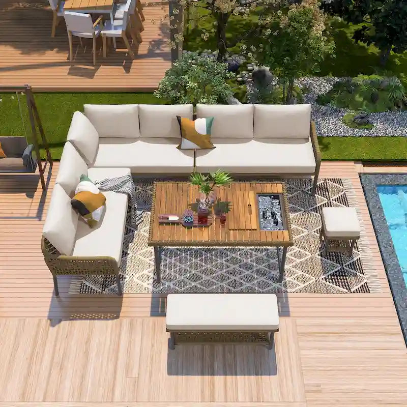 Ensemble de meubles 6 pièces en corde, ensemble de canapés modulaires en forme de L pour l'extérieur, table en bois avec bac à glaçons, chaise longue et banc en corde