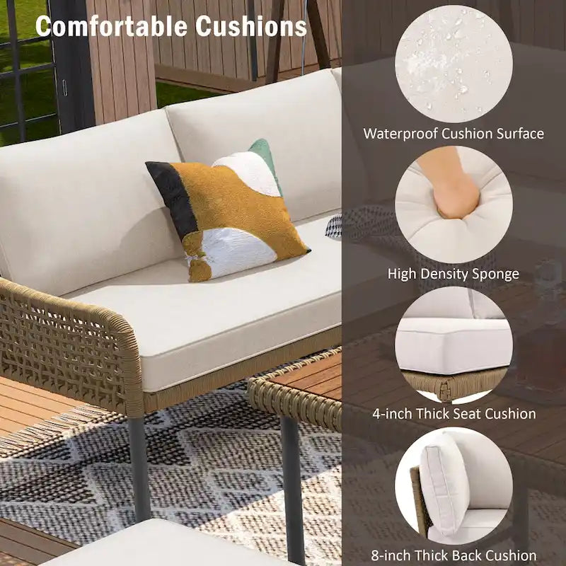 Ensemble de meubles 6 pièces en corde, ensemble de canapés modulaires en forme de L pour l'extérieur, table en bois avec bac à glaçons, chaise longue et banc en corde