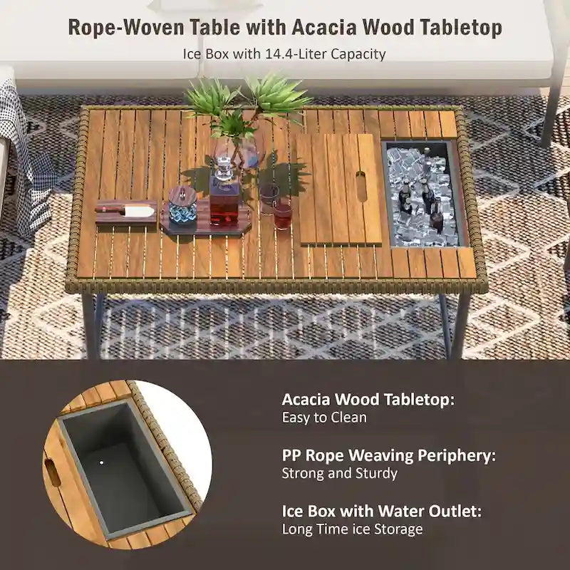 Ensemble de meubles 6 pièces en corde, ensemble de canapés modulaires en forme de L pour l'extérieur, table en bois avec bac à glaçons, chaise longue et banc en corde