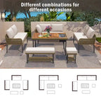 Ensemble de meubles 6 pièces en corde, ensemble de canapés modulaires en forme de L pour l'extérieur, table en bois avec bac à glaçons, chaise longue et banc en corde