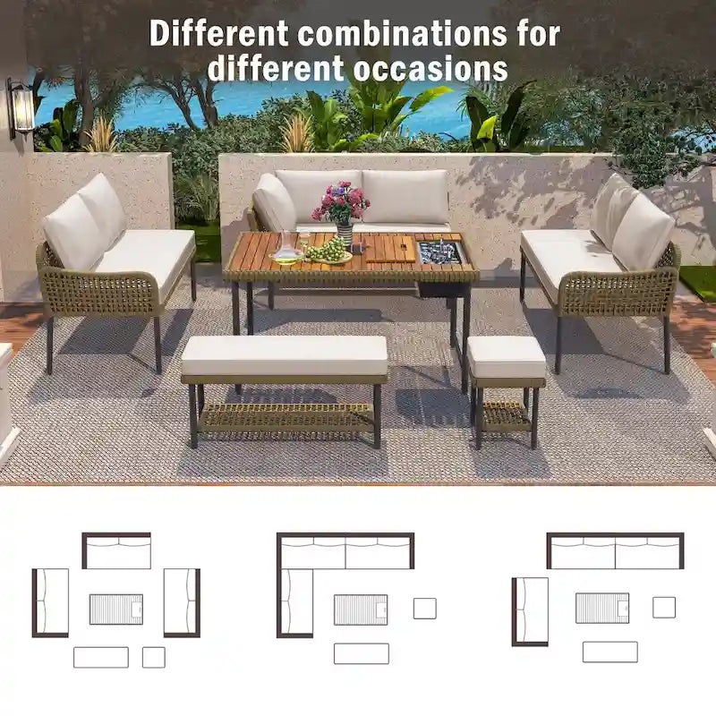 Ensemble de meubles 6 pièces en corde, ensemble de canapés modulaires en forme de L pour l'extérieur, table en bois avec bac à glaçons, chaise longue et banc en corde