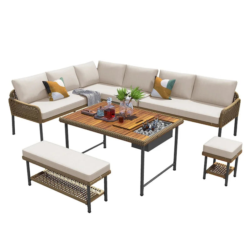 Ensemble de meubles 6 pièces en corde, ensemble de canapés modulaires en forme de L pour l'extérieur, table en bois avec bac à glaçons, chaise longue et banc en corde
